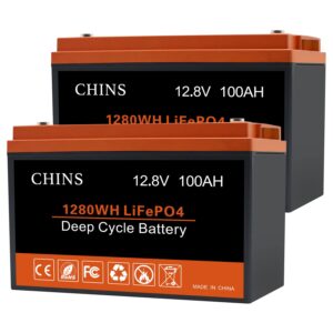 chins 100ah lifepo4 battery 12v with built-in 100 bms, 4000+ rechargeable cycles, support low-temperature cut-off,perfect for golf cart, trolling motor, marine(2pcs)