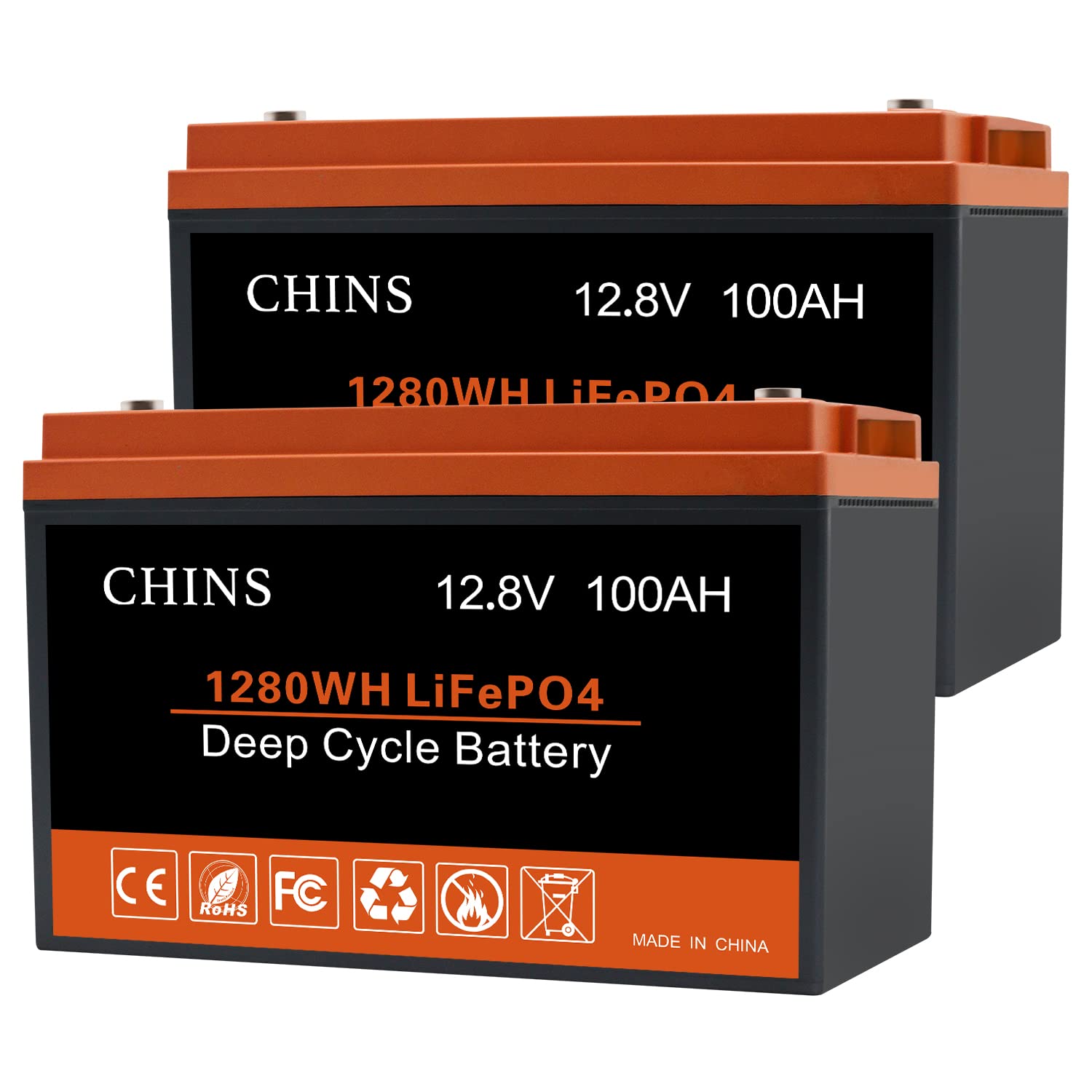 CHINS 100AH LiFePO4 Battery 12V with Built-in 100 BMS, 4000+ Rechargeable Cycles, Support Low-Temperature Cut-Off,Perfect for Golf Cart, Trolling Motor, Marine(2PCS)