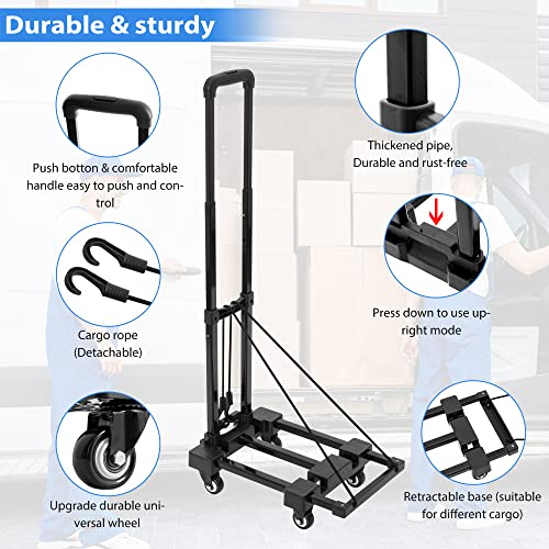 ITHWIU Pordable Hand Truck, 165 lbs Heavy Duty 4-Wheel Solid Construction Utility Luggage Cart Compact and Lightweight for Personal, Luggage, Travel, Auto, Moving and Office Use, Black