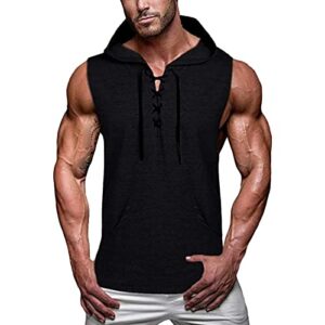maiyifu-gj men's lace up hooded tank top sleeveless gym workout hoodie t shirt bodybuilding fitness muscle hoodies vests (black,x-large)