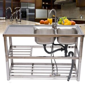 dnysysj commercial kitchen sink 2 compartment stainless steel utility sink with 2-layer shelves for garden, restaurant, kitchen, laundry room, outdoor