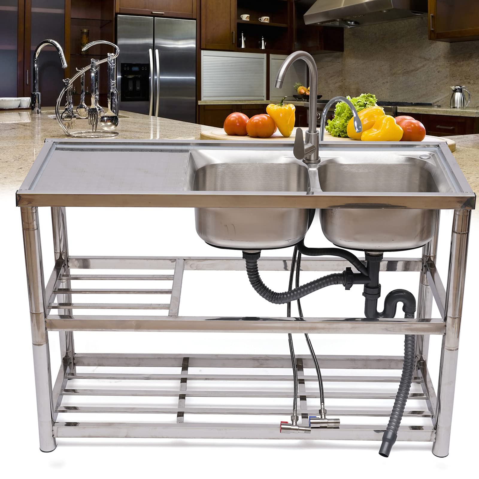 DNYSYSJ Commercial Kitchen Sink 2 Compartment Stainless Steel Utility Sink with 2-layer Shelves for Garden, Restaurant, Kitchen, Laundry Room, Outdoor