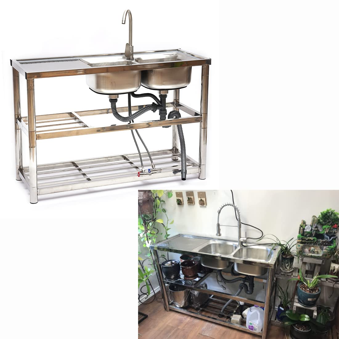 DNYSYSJ Commercial Kitchen Sink 2 Compartment Stainless Steel Utility Sink with 2-layer Shelves for Garden, Restaurant, Kitchen, Laundry Room, Outdoor