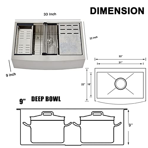 UFaucet 33 Inch Stainless Steel Farmhouse Sink, 33x22 Apron Front Sink Ledge Workstation, 16 Gauge Deep Single Bowl Kitchen Farm Sink with Accessories