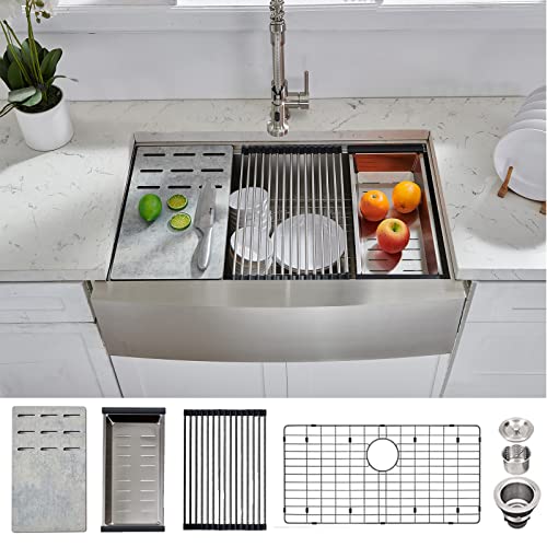 UFaucet 33 Inch Stainless Steel Farmhouse Sink, 33x22 Apron Front Sink Ledge Workstation, 16 Gauge Deep Single Bowl Kitchen Farm Sink with Accessories