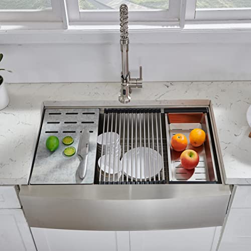 UFaucet 33 Inch Stainless Steel Farmhouse Sink, 33x22 Apron Front Sink Ledge Workstation, 16 Gauge Deep Single Bowl Kitchen Farm Sink with Accessories