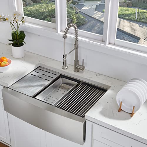 UFaucet 33 Inch Stainless Steel Farmhouse Sink, 33x22 Apron Front Sink Ledge Workstation, 16 Gauge Deep Single Bowl Kitchen Farm Sink with Accessories