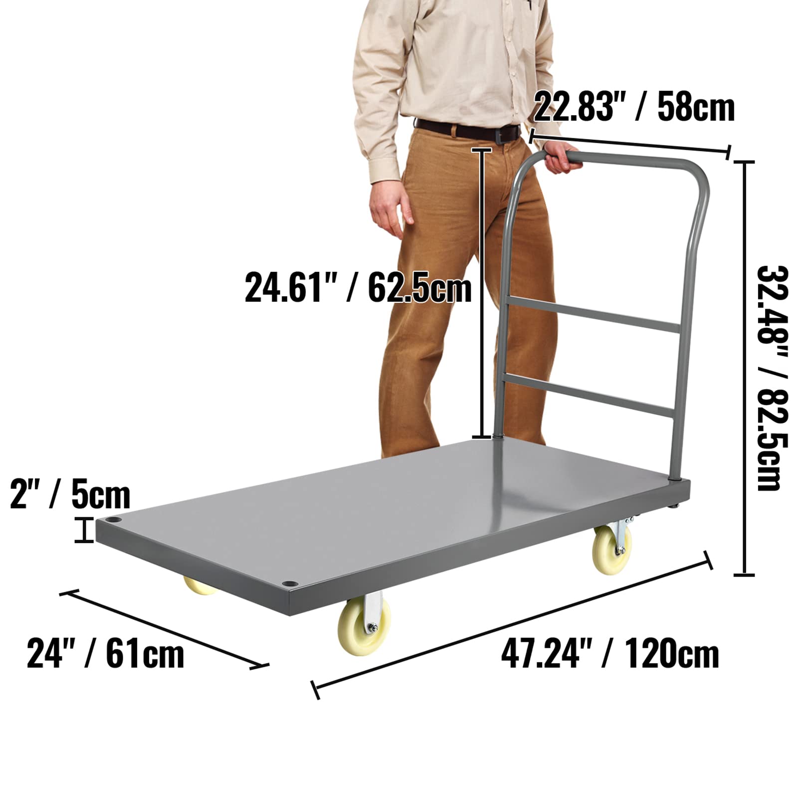 VEVOR Platform Truck, 2000 lbs Capacity Steel Flatbed Cart, 47" Length x 24" Width x 32" Height Flat Dolly, Hand Trucks with 5" Nylon Casters, Heavy-Duty Utility Push Carts for Luggage Moving