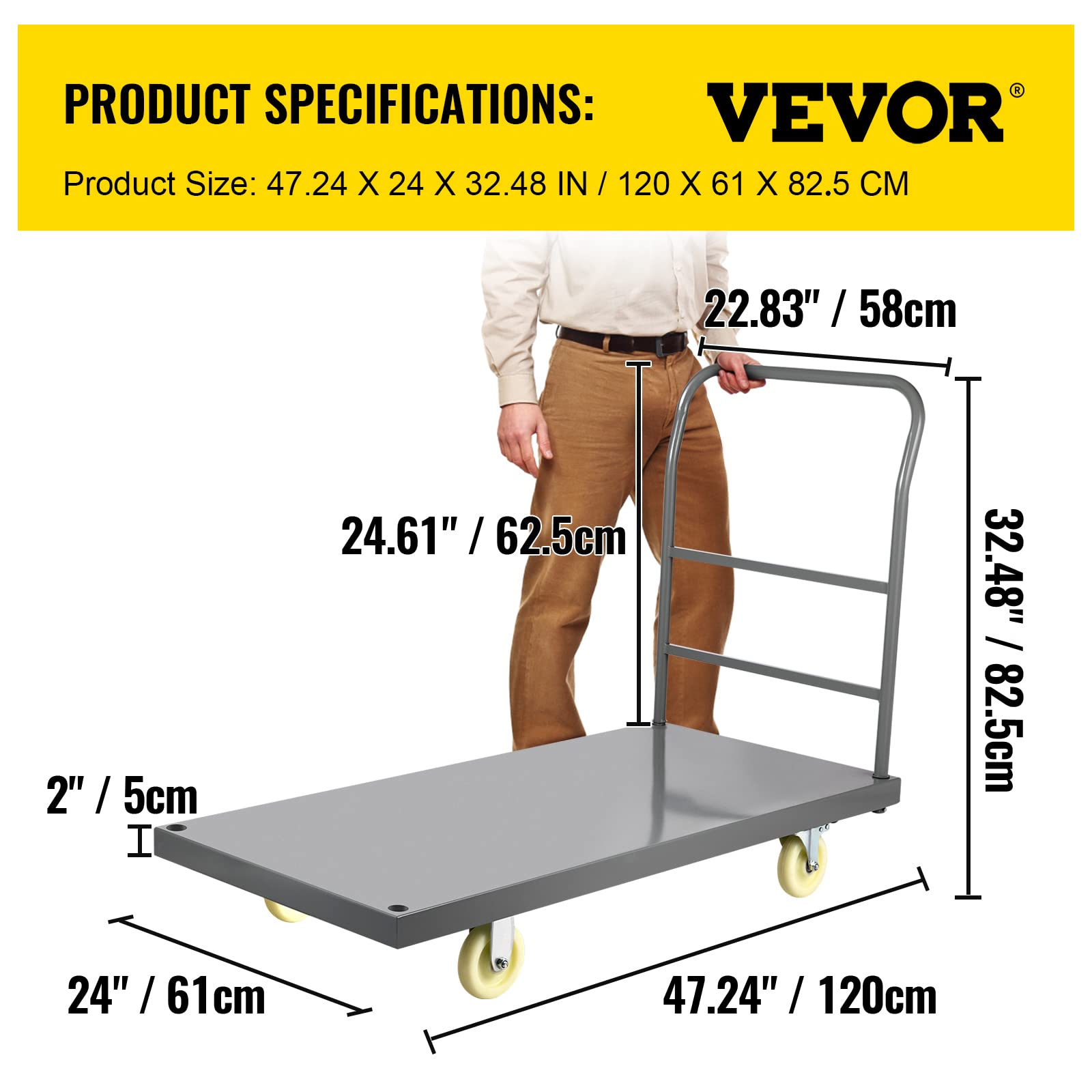 VEVOR Platform Truck, 2000 lbs Capacity Steel Flatbed Cart, 47" Length x 24" Width x 32" Height Flat Dolly, Hand Trucks with 5" Nylon Casters, Heavy-Duty Utility Push Carts for Luggage Moving