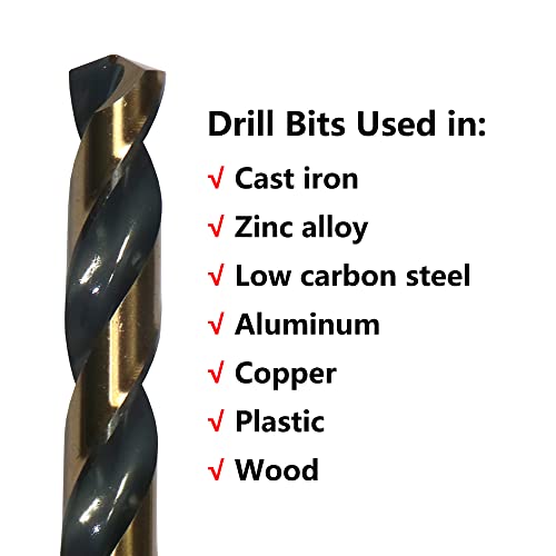 VALYRIANTOOL HSS Twist Drill Bits | 24 Pcs Black and Gold Coated Drill Bits Set | 9/32 Inch 3-Flat Shank Jobber Drill Bits for Drilling on Mild Steel, Copper, Aluminum, Zinc Alloy