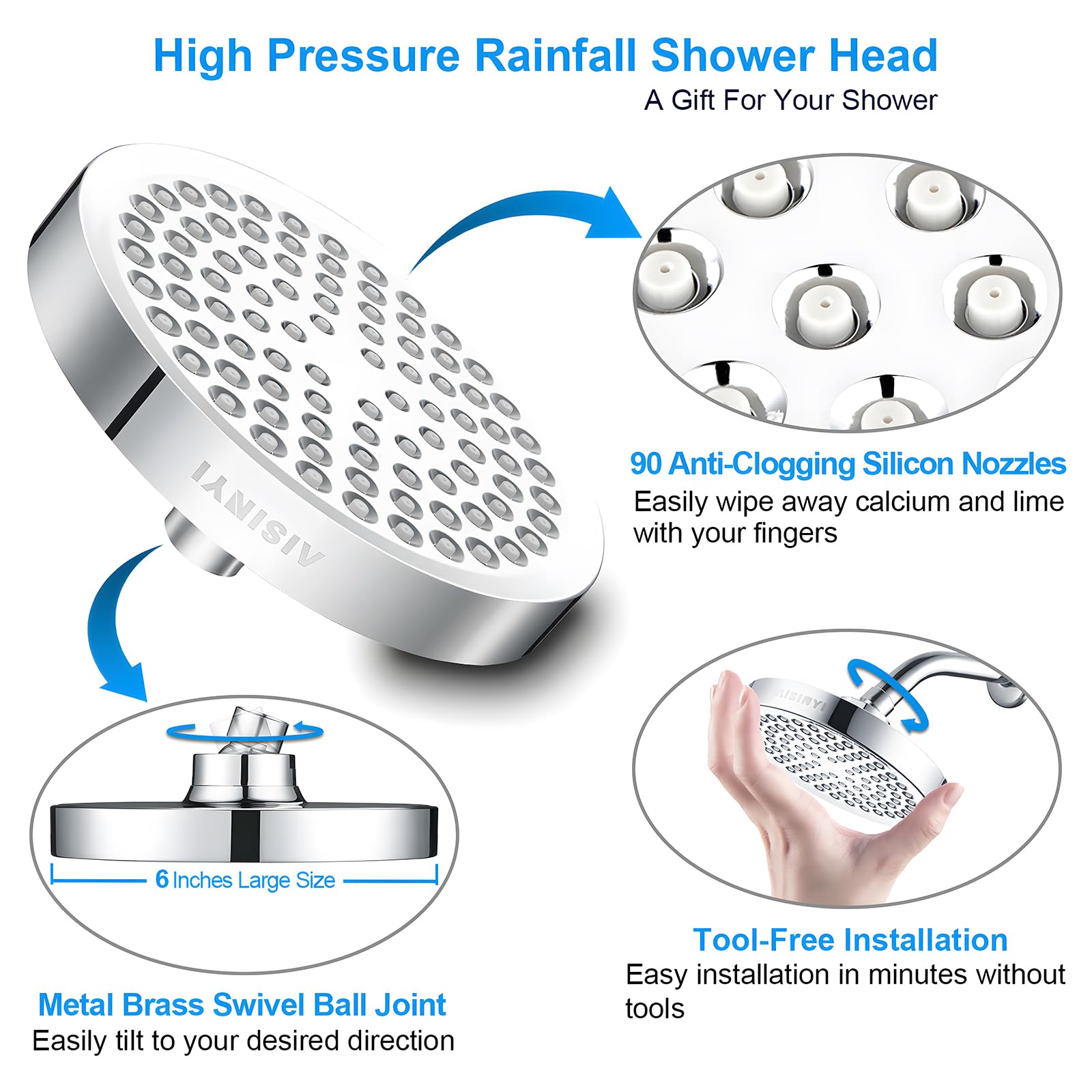 AISINYI High Pressure Rainfall Shower Head, 6 Inches Luxury Modern Showerhead with Perfect Adjustable Replacement, Removable Restrictor, Easy Installation for Your Bathroom Shower Heads(Chrome Plated)