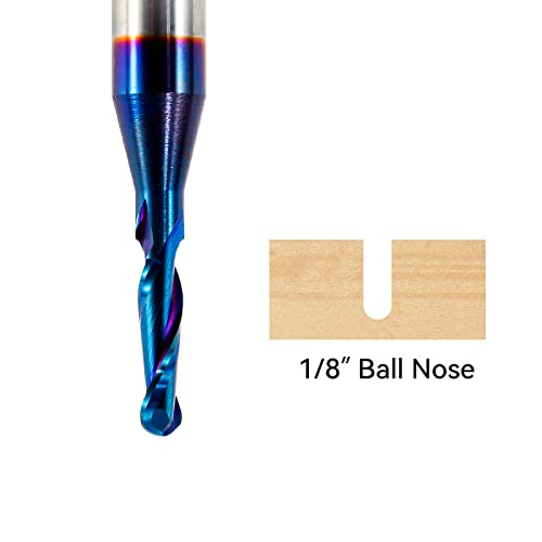 CNC Router Bits 1/4inch Shank 1/8inch Cutting Dia Carbide Ball Nose End Mill with Nano Blue Coating for Side Milling End Milling, Finish Machining (1/8"x1/4"x2")