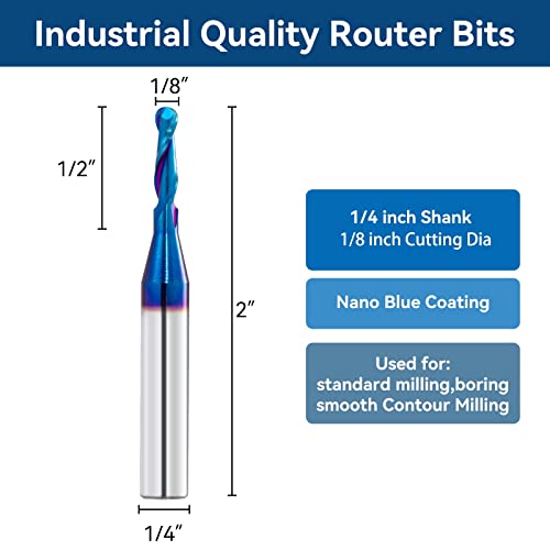 CNC Router Bits 1/4inch Shank 1/8inch Cutting Dia Carbide Ball Nose End Mill with Nano Blue Coating for Side Milling End Milling, Finish Machining (1/8"x1/4"x2")