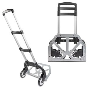 ultimaxx professional heavy-duty 150 pound (lb) capacity aluminum folding hand truck/luggage cart (black/silver) with adjustable handle, folding away wheels, and bungee cord