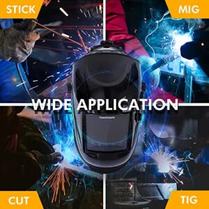 Auto Darkening Welding Helmet, 3.95”×3.9” Large Viewing Welding Hood, True Color Solar/Battery Powered Welder Mask, 4 Arc Sensor Wide Shade 4~5/9-9/13 for TIG/MIG/Stick/Cut