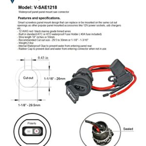 SAE Panel Mount Connector Socket with Fuse Waterproof SAE Quick Connect for Kayak, Boat, Solar Panel, Flush Mount 12AWG 18" V-SAE1250