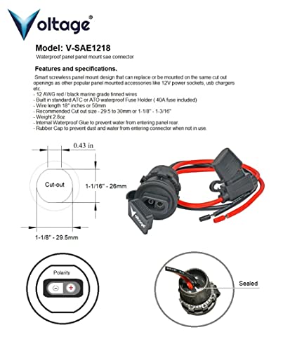 SAE Panel Mount Connector Socket with Fuse Waterproof SAE Quick Connect for Kayak, Boat, Solar Panel, Flush Mount 12AWG 18" V-SAE1250