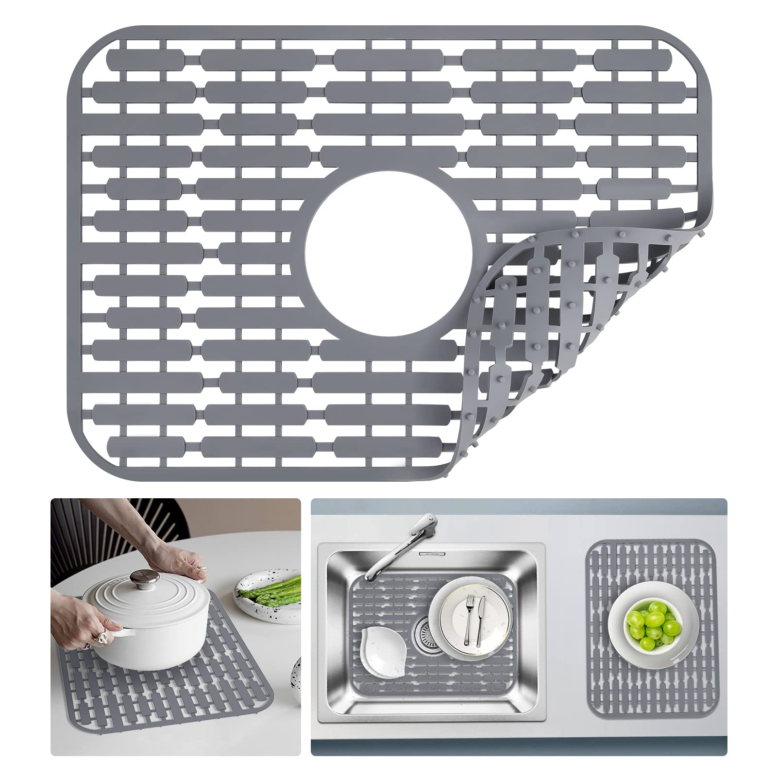 JUSTOGO Sink Mat, Silicone Sink Protectors for Kitchen Sink Grid Accessory 18'' x 12.8'', Kitchen Sink Mats for Bottom of Kitchen Farmhouse Stainless Steel Porcelain Sink, Center Drain（1 PCS)）