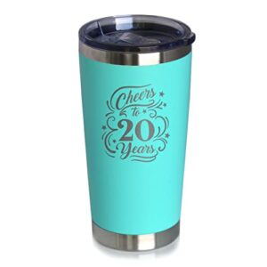 cheers to 20 years - insulated coffee tumbler cup with sliding lid - stainless steel insulated mug - 20th anniversary gifts and party decor - teal
