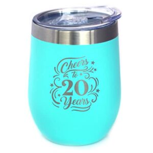 cheers to 20 years - wine tumbler glass with sliding lid - stainless steel insulated mug - 20th anniversary gifts and party decor - teal