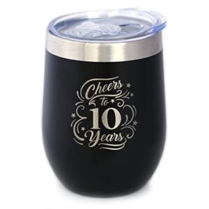 cheers to 10 years - wine tumbler glass with sliding lid - stainless steel insulated mug - 10th anniversary gifts and party decor - black
