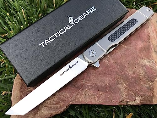 TACTICAL GEARZ Titanium Pocket Knife for EDC! Solid Tc4 Titanium Handle! D2 Steel Tanto Blade! Includes Sheath! (Tatsu ST)