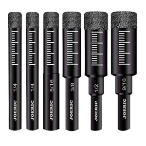 joeric 6 pcs black dry diamond drill bit set, for granite marble tile ceramic stone glass hard materials (not for wood) round shank with size 1/4, 5/16, 3/8, 1/2, 9/16 inches