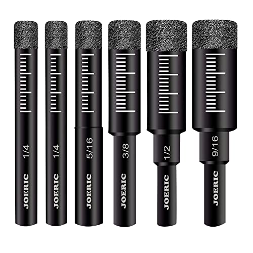 JOERIC 6 PCS Black Dry Diamond Drill Bit Set, for Granite Marble Tile Ceramic Stone Glass Hard Materials (Not for Wood) Round Shank with Size 1/4, 5/16, 3/8, 1/2, 9/16 inches