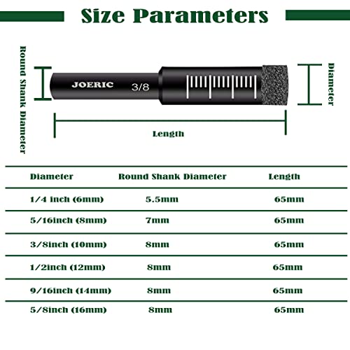 JOERIC 6 PCS Black Dry Diamond Drill Bit Set, for Granite Marble Tile Ceramic Stone Glass Hard Materials (Not for Wood) Round Shank with Size 1/4, 5/16, 3/8, 1/2, 9/16 inches