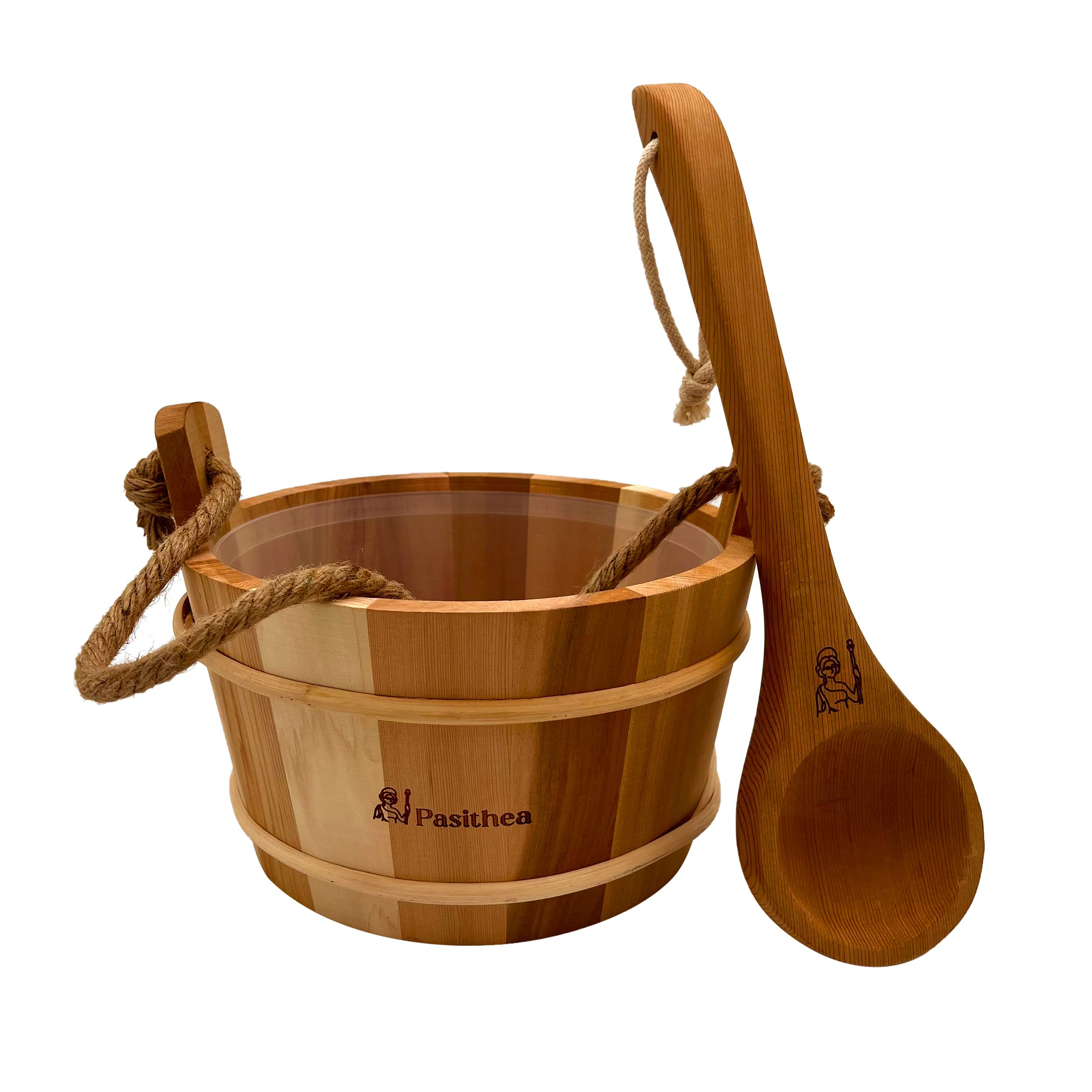 Pasithea Canadian Red Cedar Sauna Bucket and Ladle with Wooden Bottom - Handmade, 1 Gallon (4L) Plastic Liner, and Natural Rope Handle - Premium Sauna Accessories Kit with Sauna Ladle and Bucket