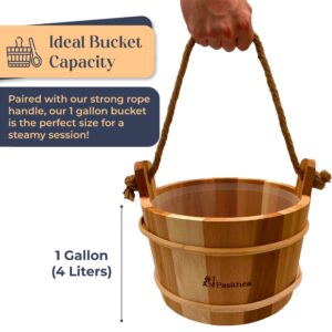 Pasithea Canadian Red Cedar Sauna Bucket and Ladle with Wooden Bottom - Handmade, 1 Gallon (4L) Plastic Liner, and Natural Rope Handle - Premium Sauna Accessories Kit with Sauna Ladle and Bucket