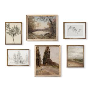 rustic modern farmhouse wall art decor - boho art deco victoria pictures bathroom - french country kitchen poster - aesthetic vintage landscape set - nature forest woodland lake tree drawing coastal