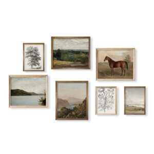 rustic french country wall art decor - boho art deco victoria picture bathroom - modern farmhouse kitchen poster print - aesthetic vintage landscape set, horse lake mountain tree sketch meadow nature