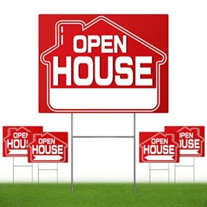 open house signs (5 pack), 16" x 12" double-sided yard signs with metal h stakes，open house real estate signs, property sale directional arrows signs,weather-proof ((5 pack))