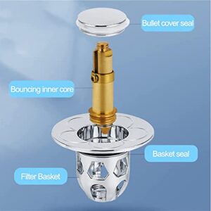 Universal Washbasin Water Head Leaking Stopper, Stainless Steel Sink Drain Plug Stopper, Brass Inner Core Sink Drain Filter, Bouncing Core Pressed Leak Plug (Silver)