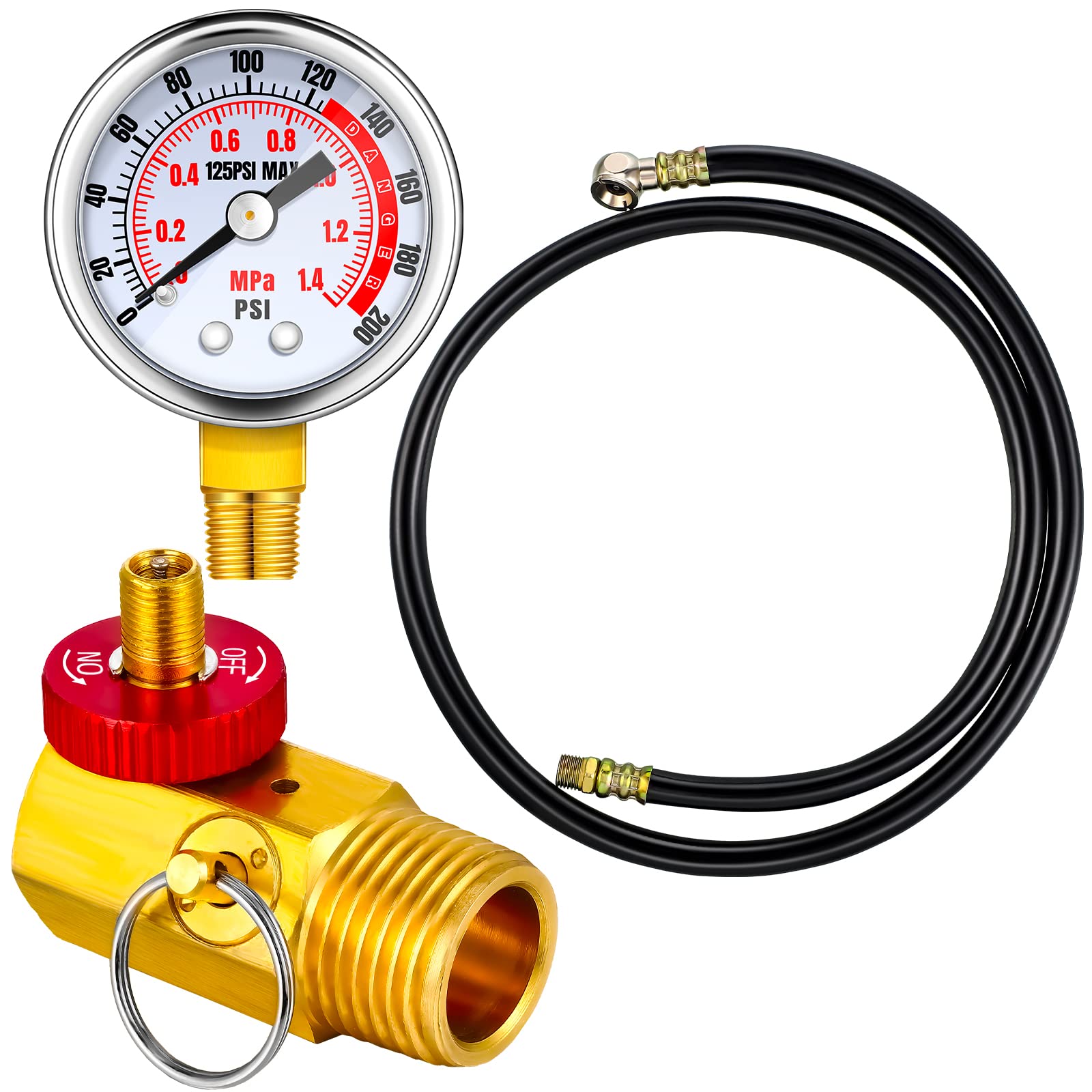 Peryiter Air Tank Repair Kit Including Safety Valve, 0-200 PSI Pressure Gauge and 4 Feet Air Tank Hose Assembly Kit for Portable Carry Tank(3 Pcs)