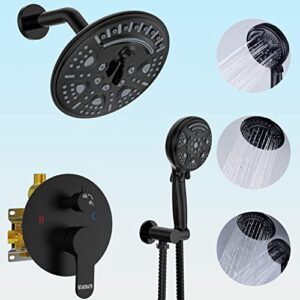 matte black shower system, starbath shower faucets sets complete with 6-mode rain shower head and 9-mode handheld spray wall mounted dual shower head system, shower valve include