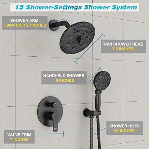 Matte Black Shower System, STARBATH Shower Faucets Sets Complete with 6-Mode Rain Shower Head and 9-Mode Handheld Spray Wall Mounted Dual Shower Head System, Shower Valve Include