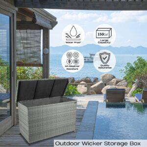 Polar Aurora Outdoor Large 150 Gallons Wicker Waterproof Lockable Storage Container Deck Box w/waterproof Inner Liner, Lid, Handle and Wheels for Patio, Porch, Garden, Yard, can Store Cushions, Garden Tools, Pool Accessories (Grey)