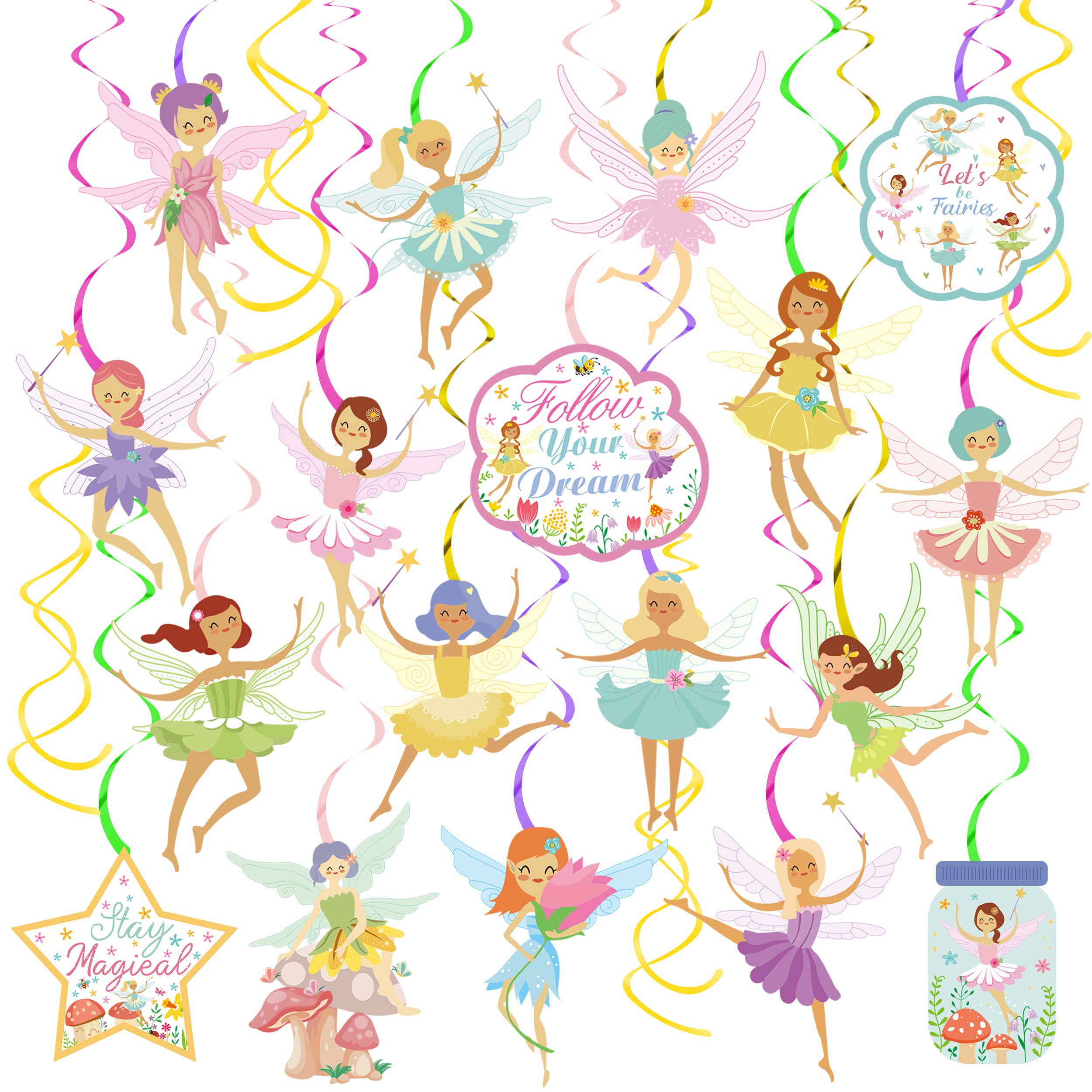 22Pcs Flower Fairy Birthday Decorations Garden Fairy Hanging Swirls Happy Birthday Banner Magical Fairy Cake Topper for Girls Birthday Party Baby Shower Decor