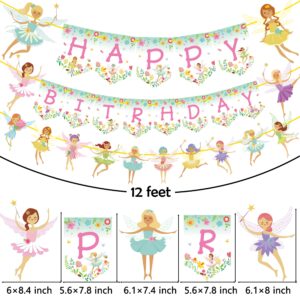 22Pcs Flower Fairy Birthday Decorations Garden Fairy Hanging Swirls Happy Birthday Banner Magical Fairy Cake Topper for Girls Birthday Party Baby Shower Decor