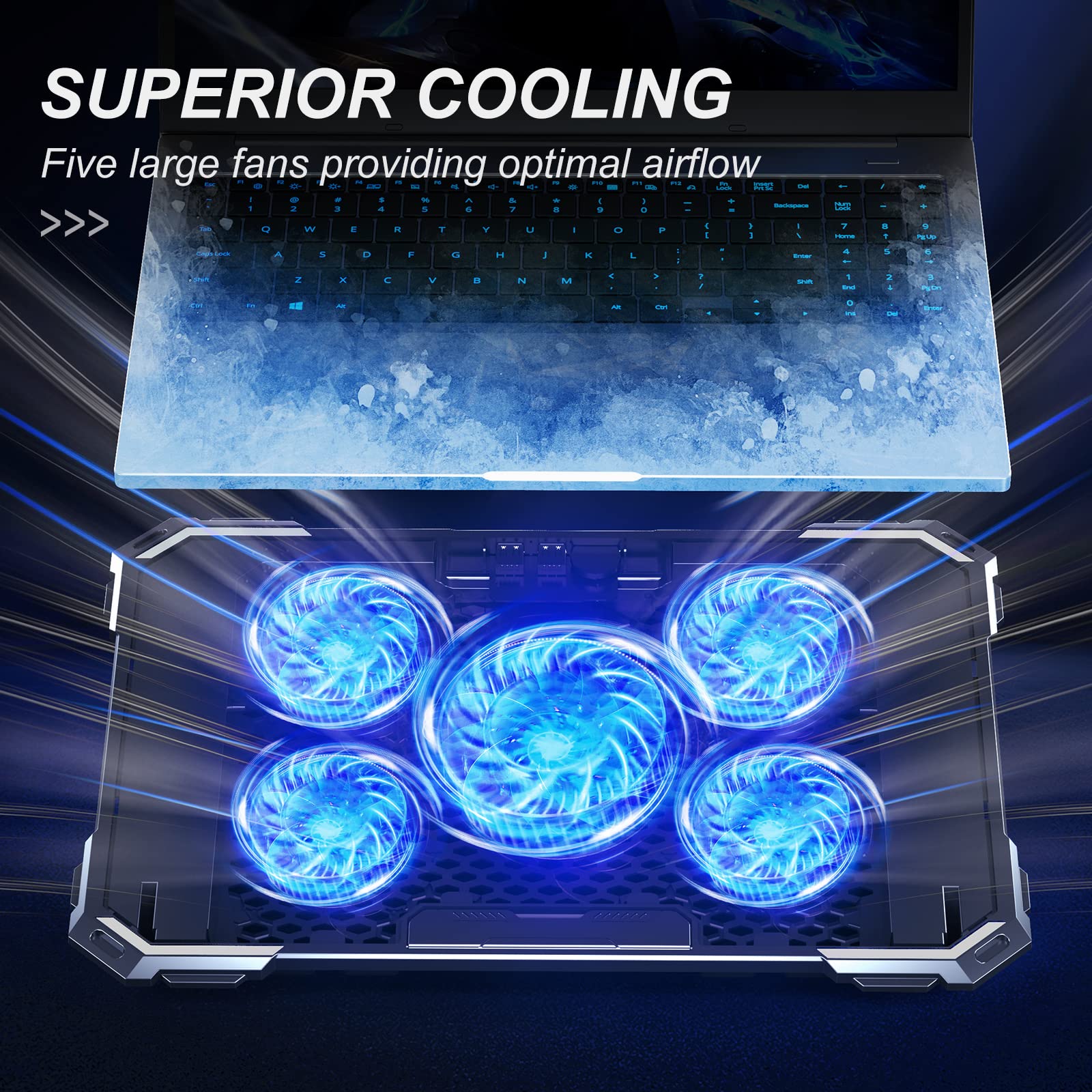 KYOLLY Upgrade Laptop Cooling Pad,Gaming Laptop Cooler with 5 Quiet Fans,2 USB Ports,5 Adjustable Stand Height,Blue LED Lights,for 15.6 Inch Laptops