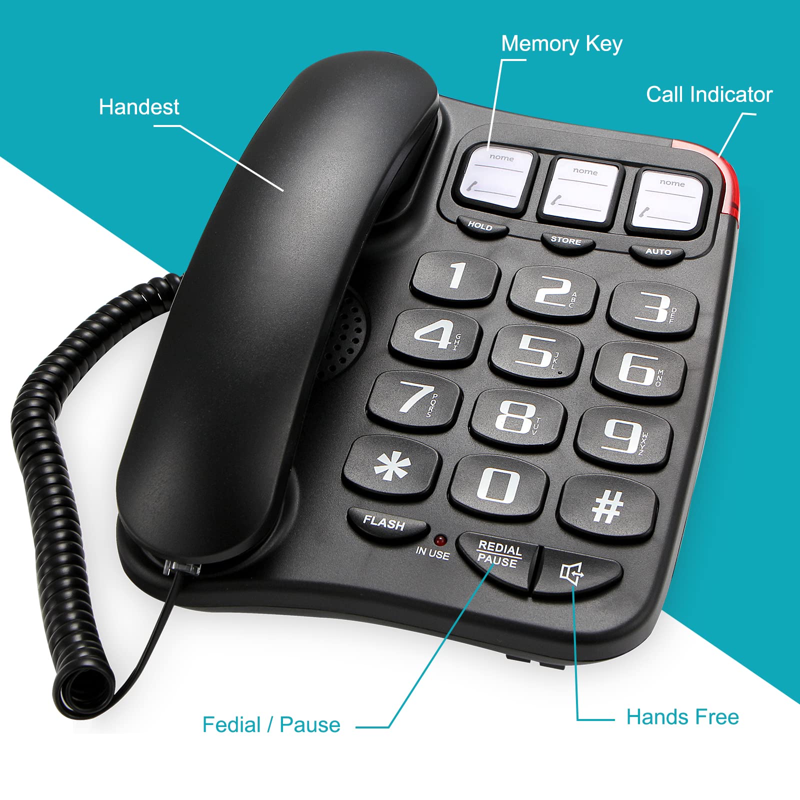 Large Button Phone for Seniors, Amplified Corded Phone with Speakerphone for Elderly Home Landline Phones, No Need to use Batteries,with Loud Ringer, One-Touch Dialing…