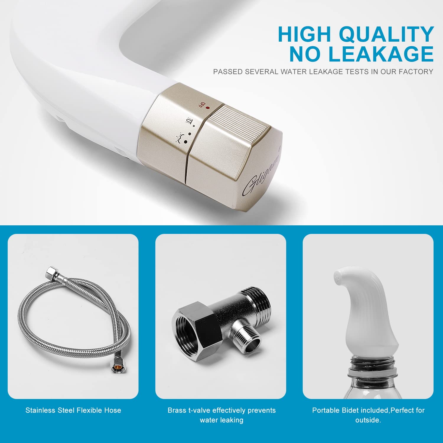 GLIGAM Bidet Attachment for Toilet,Bidet Toilet Seat Attachment,Non-Electric Toilet Bidet Dual Self-cleaning Nozzles for Feminine/Rear Wash,Ultra-Slim Bidet Sprayer with Pressure Controls (Champagne)