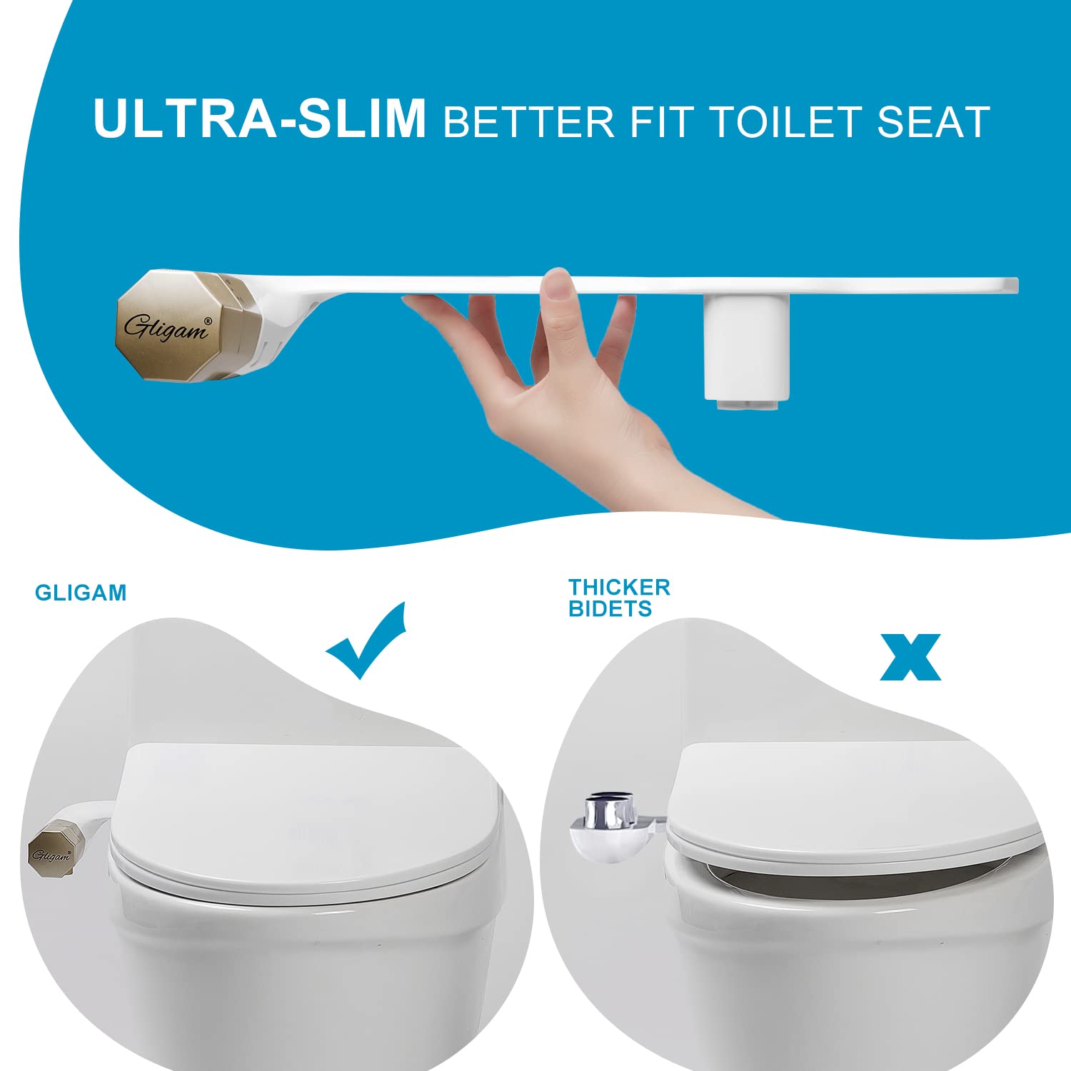 GLIGAM Bidet Attachment for Toilet,Bidet Toilet Seat Attachment,Non-Electric Toilet Bidet Dual Self-cleaning Nozzles for Feminine/Rear Wash,Ultra-Slim Bidet Sprayer with Pressure Controls (Champagne)