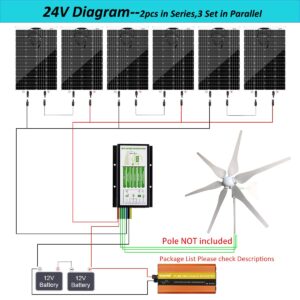 6X 100W Mono Solar Panels + 400W Wind Turbine Generator + 2X 100AH Lifepo4 Lithium Batteries +1000W Pure Sine Power Inverter + Hybrid Controller, 1KW 24V Solar Wind Complete Kit Hybrid System