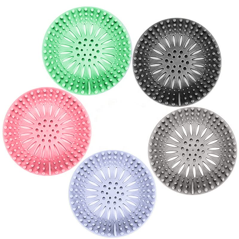 Shower Drain Hair Catcher Drain Hole Cover Suitable for Bathroom and Kitchen Easy to Install and Clean 5 Pack in Multiple Colors, Multicolor (Black, Gray, Green, Blue & Pink), 5.2x5.2x0.39 inches