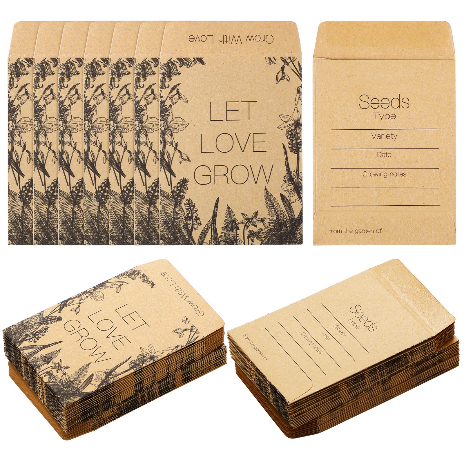 Teling 100 Pcs Let Love Grow Packets Unfilled Kraft Wedding Favors Packets Self Adhesive Rustic Seed Envelopes Small Storage Packets Retro Party Favors for Guests (Fresh Style)