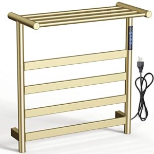 VJASS Towel Warmer,4 Bar Towel Heater Rack with Top Shelf,SUS304 Stainless Steel Brushed Gold, Wall-Mounted Bath Towel Heater for Bathroom