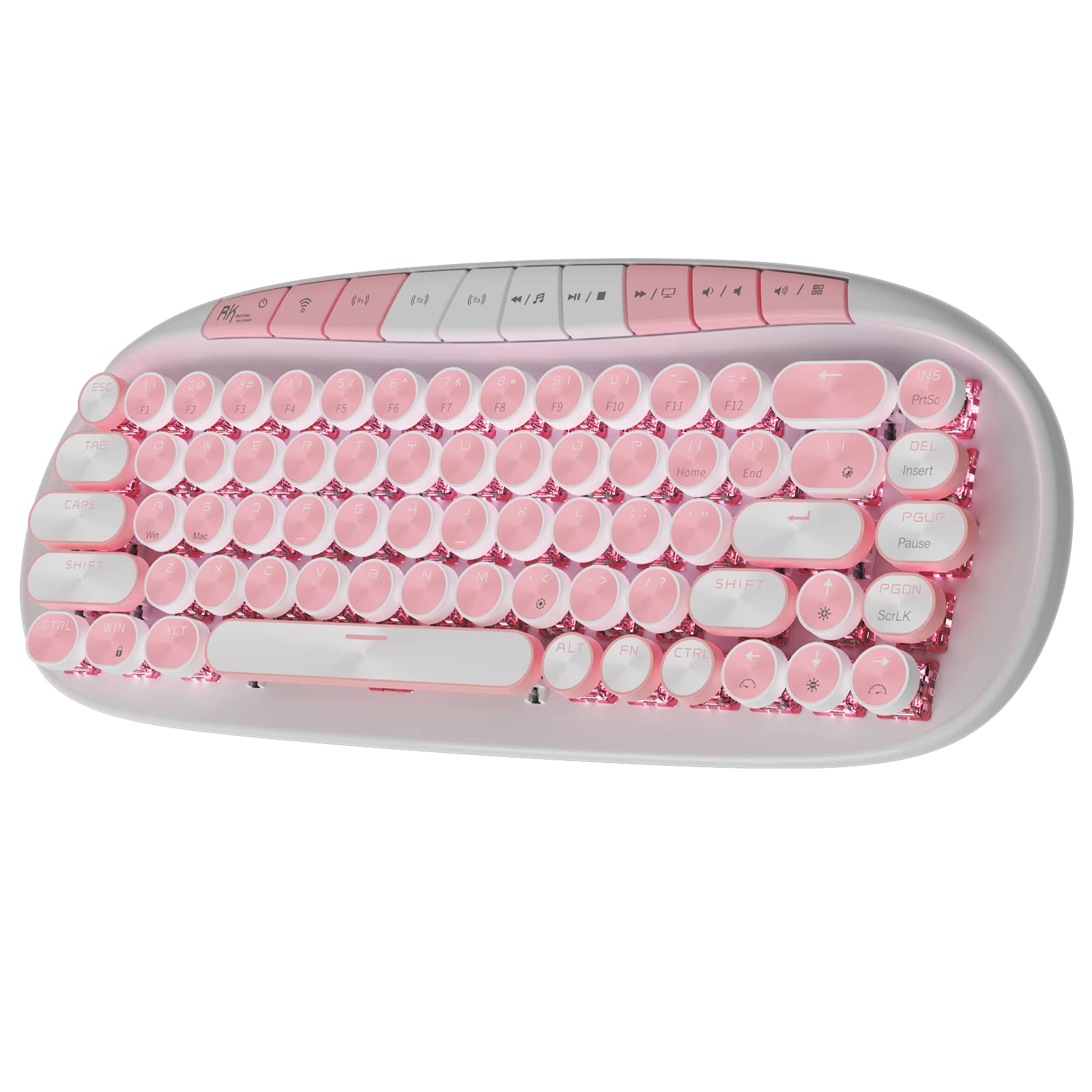 RK ROYAL KLUDGE RK838 Pink Wireless Keyboard, Retro Typewriter Keyboard BT/2.4G/Wired Mode, 75% RGB Hot Swappable Gaming Keyboard with Round Keys 10 Buttons, Pink Switches